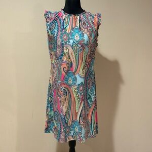 Tommy Hilfiger Blue Pink Paisley Sheath Dress Sleeveless Flutter